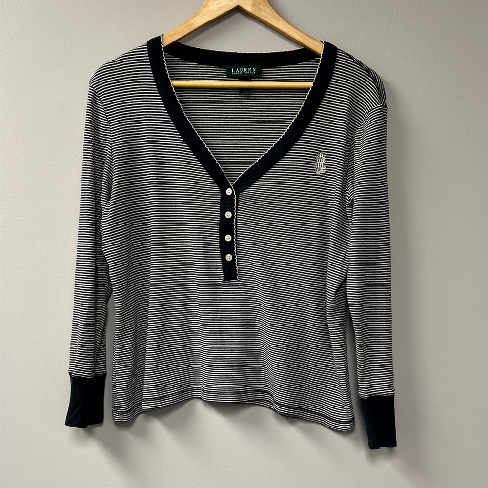 Ralph Lauren Black & White Striped V‑Neck Henley Long Sleeve Top